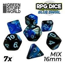 7x Mix 16mm Dice - Blue Swirl Green Stuff World